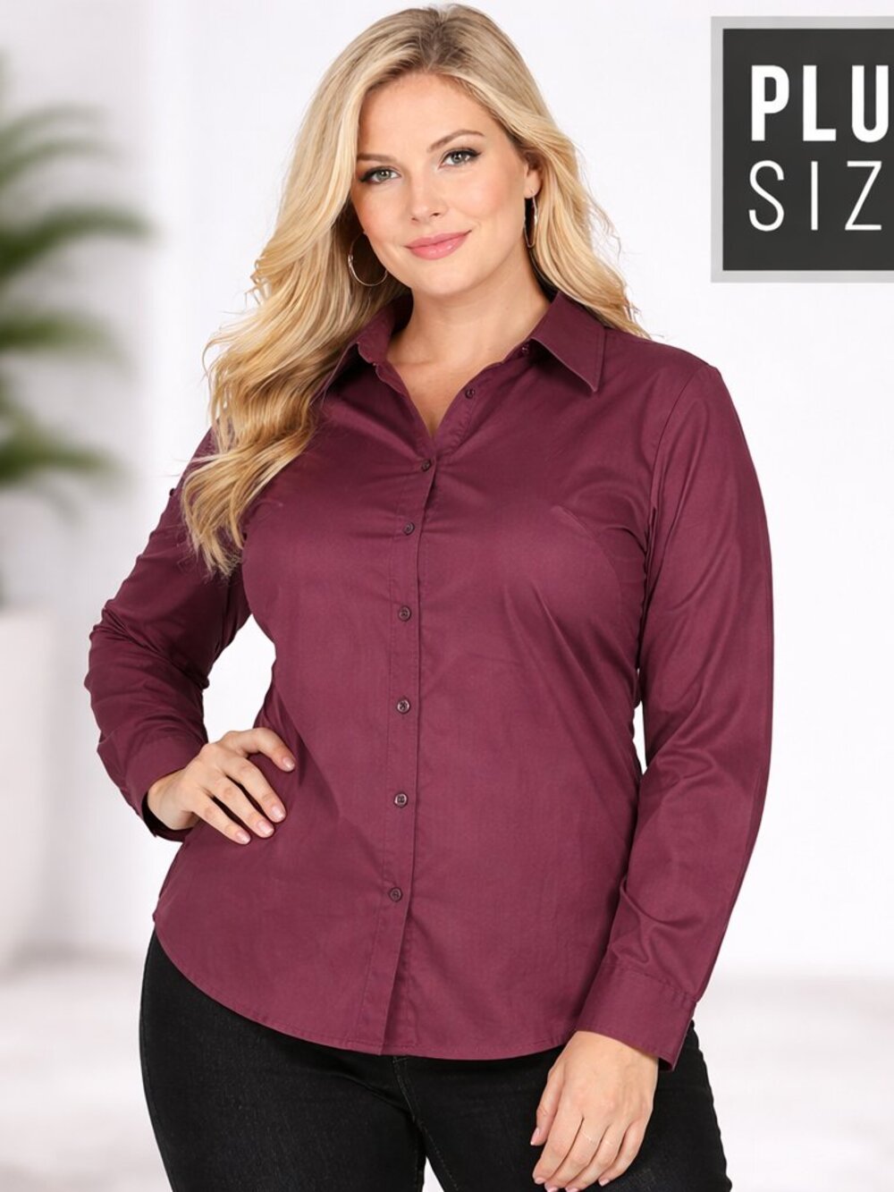 Plus Size Button Down Shirt Long Sleeve Office Work Blouse Eggplant
